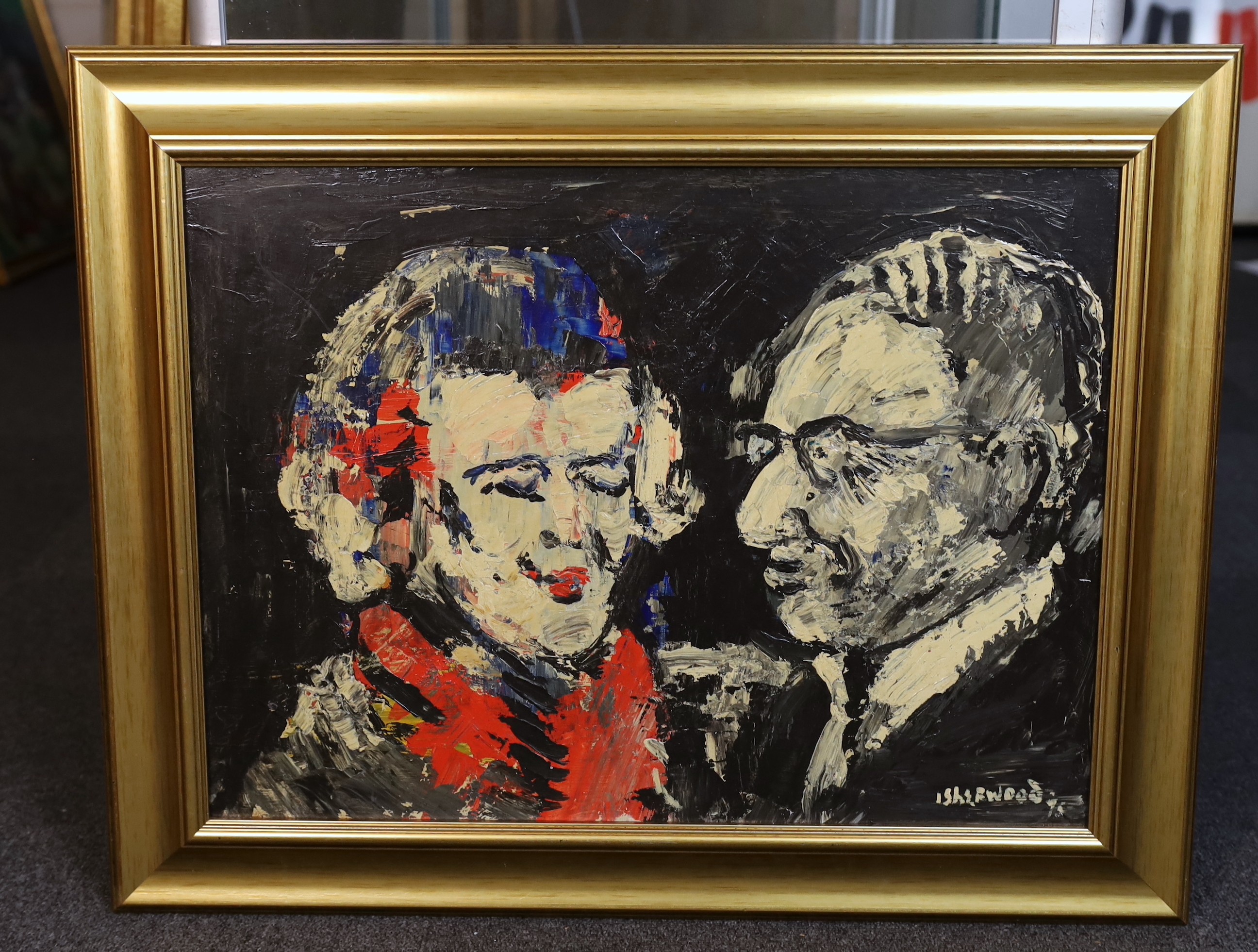 James Lawrence Isherwood (British, 1917- 1989), 'You are naughty but I like you / Thatcher Kissinger', oil on board, 44 x 59cm